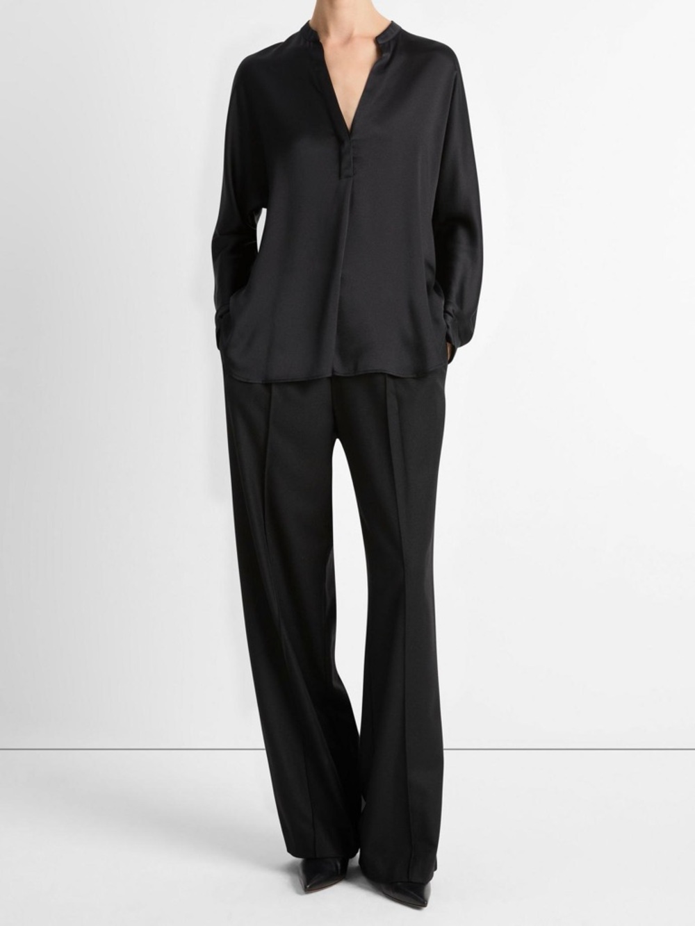 New Without Tags Vince Silk Band-Collar Blouse - Black - Size Small - Picture 1 of 4